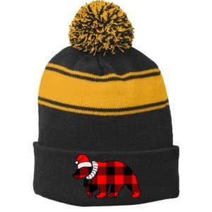 Plaid Polar Bear Christmas Holiday Stripe Pom Pom Beanie