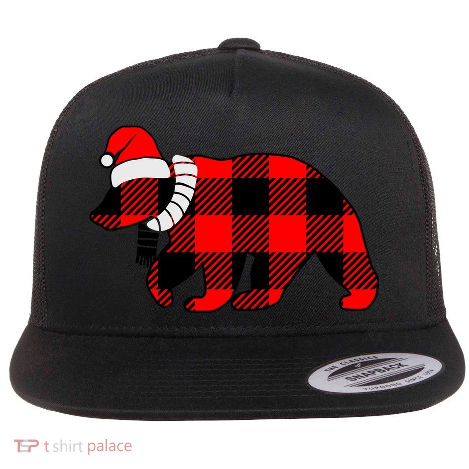 Plaid Polar Bear Christmas Holiday Flat Bill Trucker Hat