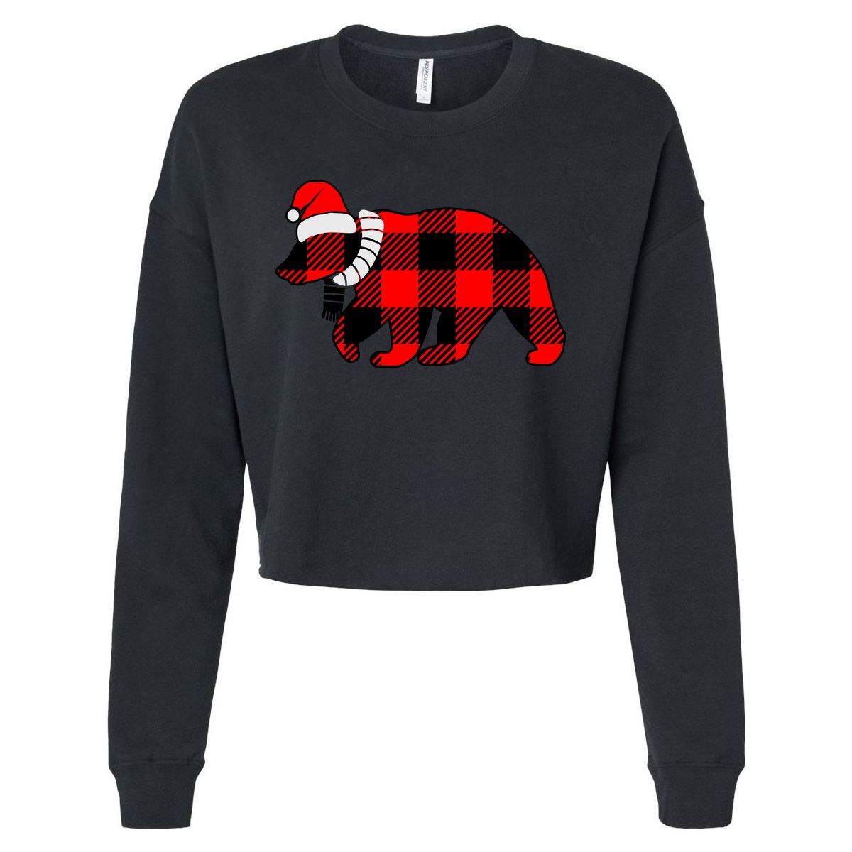 Plaid Polar Bear Christmas Holiday Cropped Pullover Crew