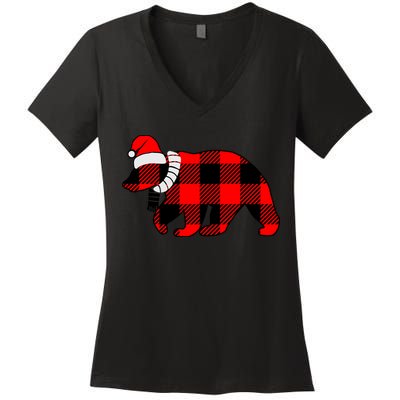 Plaid Polar Bear Christmas Holiday Women's V-Neck T-Shirt