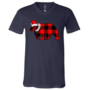 Plaid Polar Bear Christmas Holiday V-Neck T-Shirt