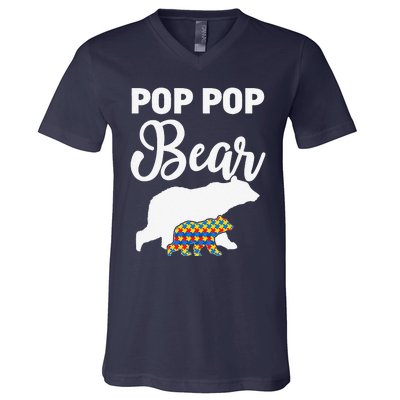 Pop Pop Bear Autism Awareness Gift For Proud Autism Granddad V-Neck T-Shirt