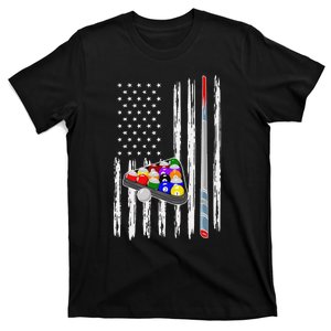 Pool Player Billiards Cue Balls Distressed American Flag T-Shirt