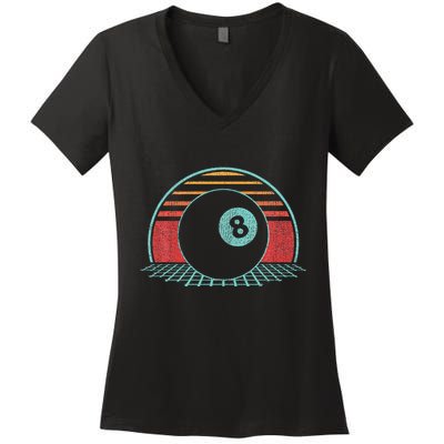 Pool Player Billiards Lover 8 Ball Retro Vintage 80s Style Women's V-Neck T-Shirt