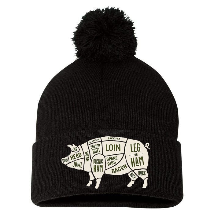 Pig & Pork Butcher Diagram Bacon Lover Pom Pom 12in Knit Beanie