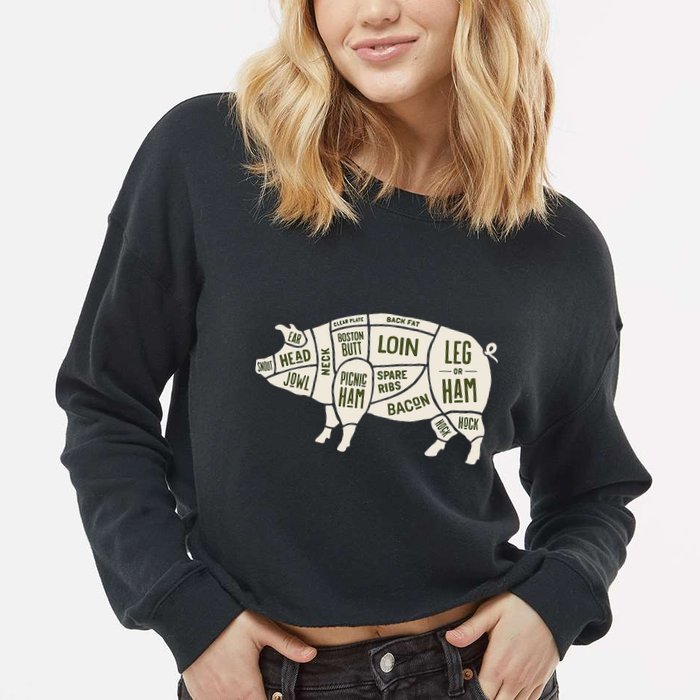 Pig & Pork Butcher Diagram Bacon Lover Cropped Pullover Crew