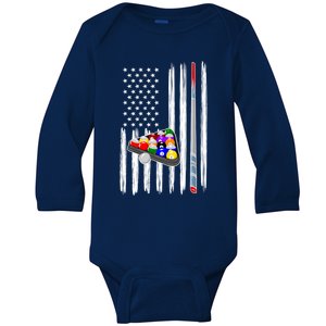 Pool Player Billiards Cue Balls Distressed American Flag Cute Gift Baby Long Sleeve Bodysuit