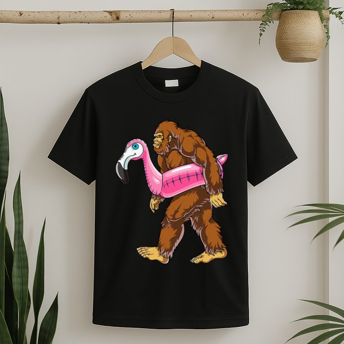 Pool Party Bigfoot Flamingo Wo Sasquatch Pink Float T-Shirt