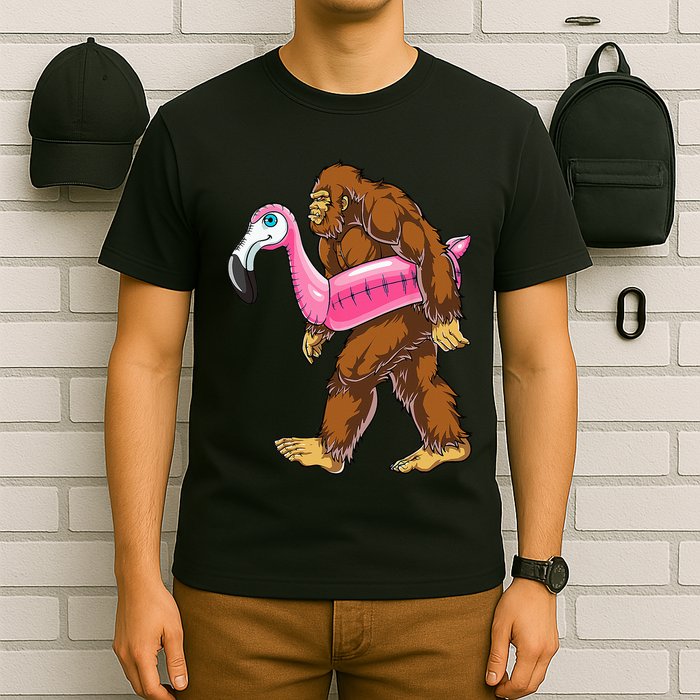 Pool Party Bigfoot Flamingo Wo Sasquatch Pink Float T-Shirt
