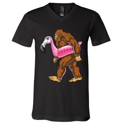 Pool Party Bigfoot Flamingo Wo Sasquatch Pink Float V-Neck T-Shirt