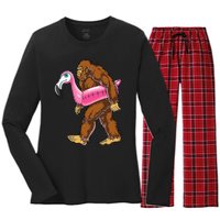 Pool Party Bigfoot Flamingo Wo Sasquatch Pink Float Women's Long Sleeve Flannel Pajama Set 