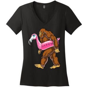 Pool Party Bigfoot Flamingo Wo Sasquatch Pink Float Women's V-Neck T-Shirt