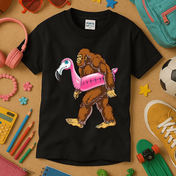 Pool Party Bigfoot Flamingo Wo Sasquatch Pink Float Kids T-Shirt