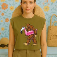 Pool Party Bigfoot Flamingo Wo Sasquatch Pink Float Garment-Dyed Women's Muscle Tee