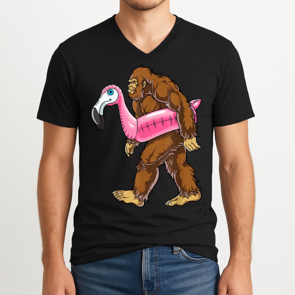 Pool Party Bigfoot Flamingo Men Women Sasquatch Pink Float V-Neck T-Shirt