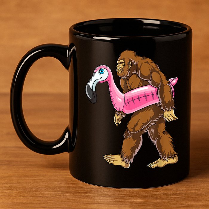 Pool Party Bigfoot Flamingo Men Women Sasquatch Pink Float 11oz C Handle Ceramic Mug