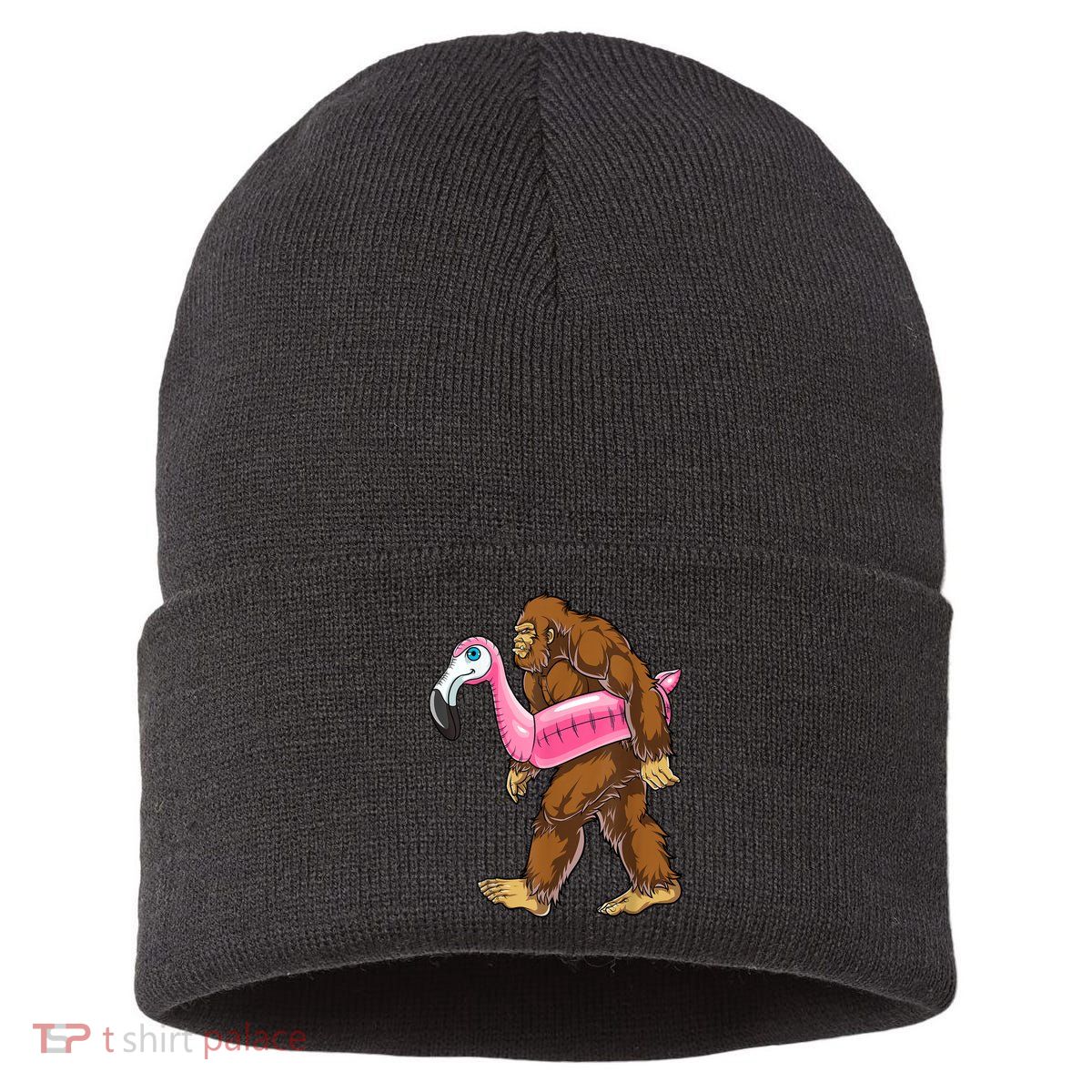 Pool Party Bigfoot Flamingo Men Women Sasquatch Pink Float Sustainable Knit Beanie