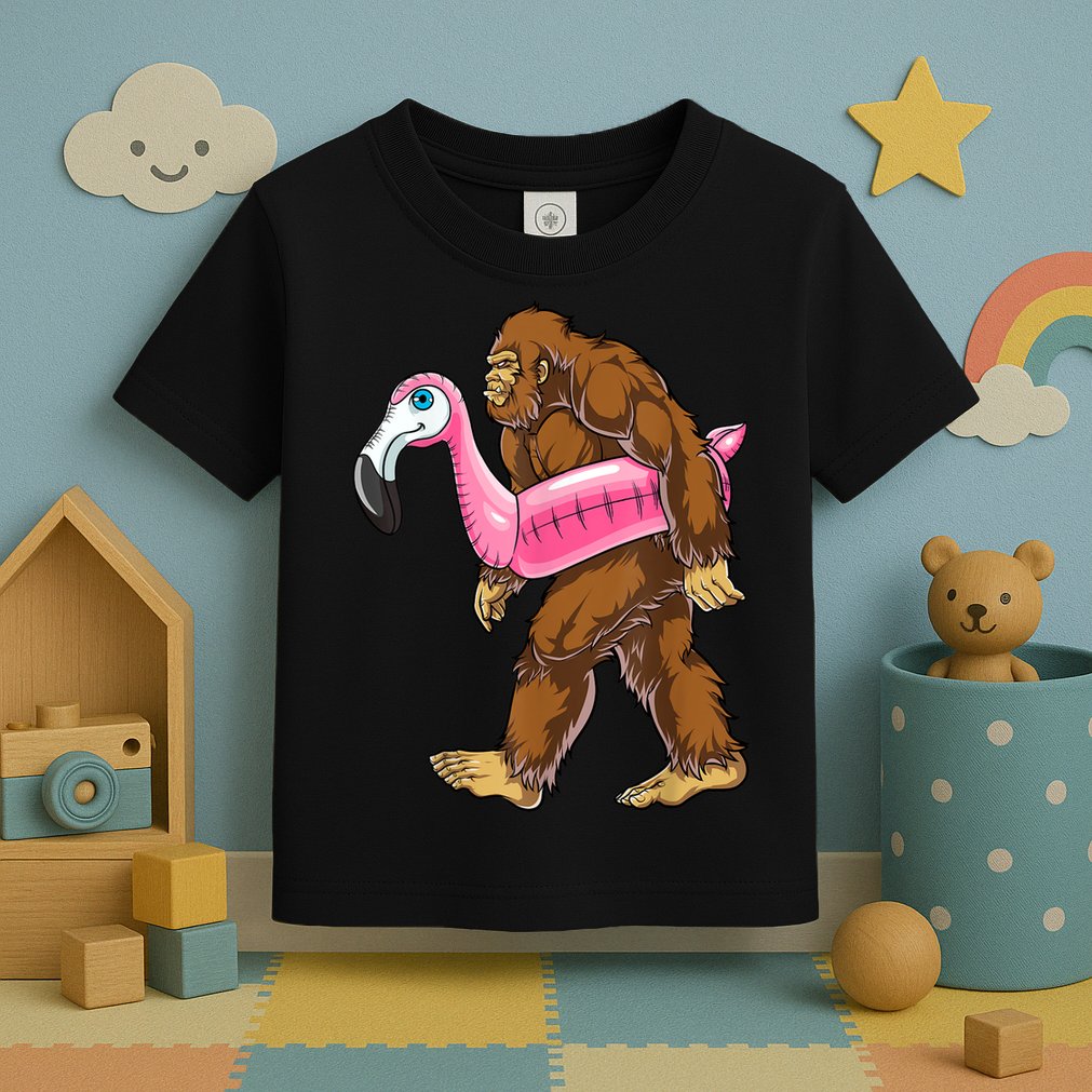 Pool Party Bigfoot Flamingo Men Women Sasquatch Pink Float Toddler T-Shirt