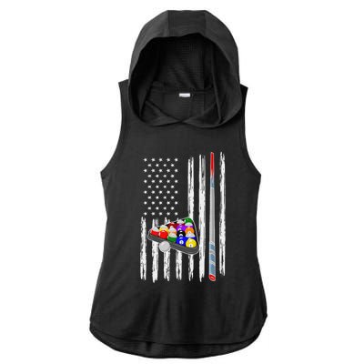 Pool Player Billiards Cue Balls Distressed American Flag Ladies PosiCharge Tri-Blend Wicking Draft Hoodie Tank