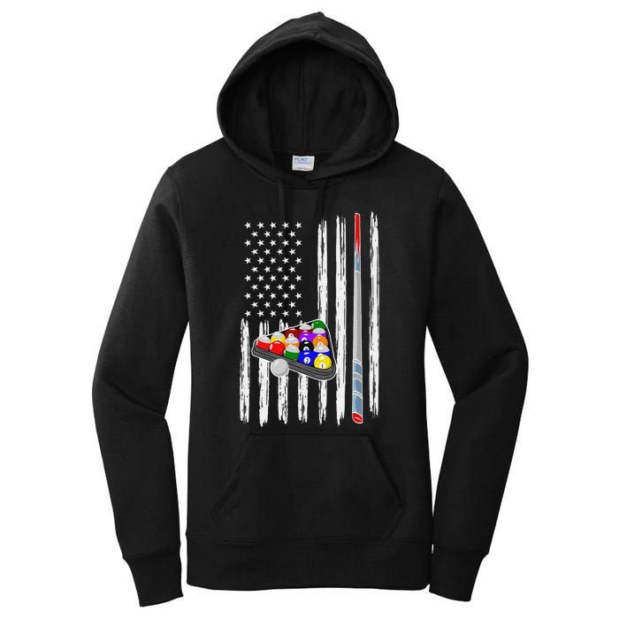 Pool Player Billiards Cue Balls Distressed American Flag Women's Pullover Hoodie