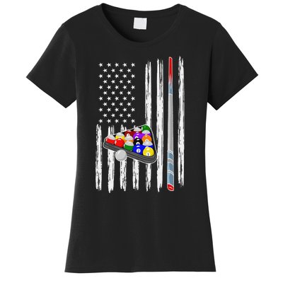 Pool Player Billiards Cue Balls Distressed American Flag Women's T-Shirt