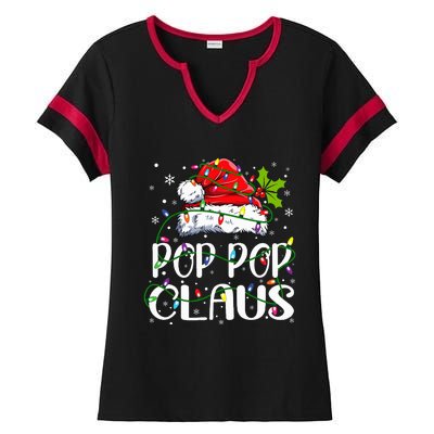 Pop Pop Claus Christmas Lights Pajama Family Matching Ladies Halftime Notch Neck Tee