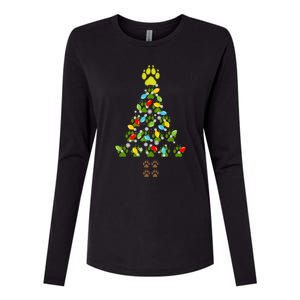 Paw Print Christmas Tree Xmas Lights Holiday Dog Lover Gift Womens Cotton Relaxed Long Sleeve T-Shirt