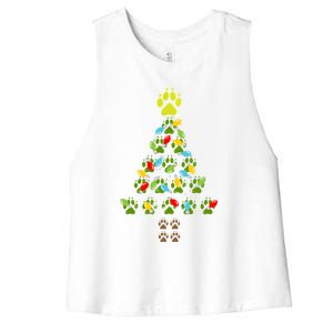 Paw Print Christmas Tree Xmas Lights Holiday Dog Lover Gift Women's Racerback Cropped Tank