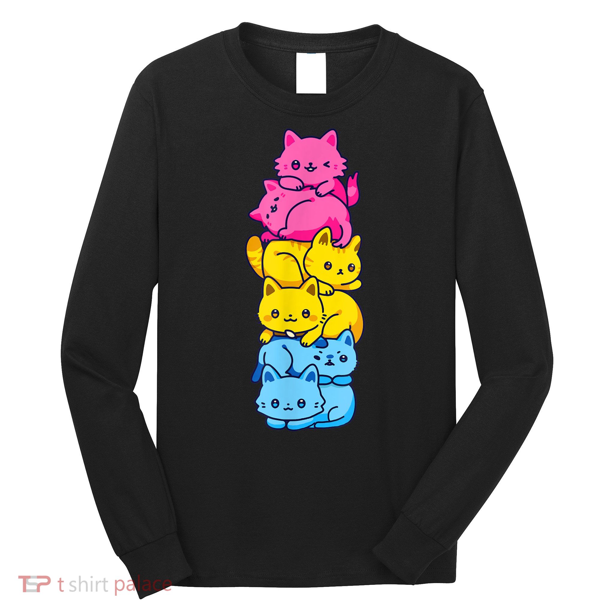 Pansexual Pride Cat LGBT Pan Flag Nonbinary Cute Cats Pile Long Sleeve Shirt