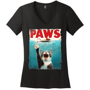 Paws Parody Cat Mouse Humorous Cat Chasing Mouse Kitten Women's V-Neck T-Shirt