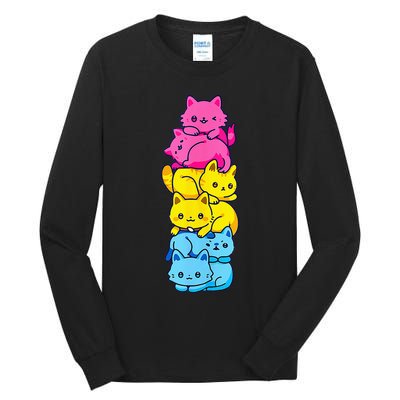 Pansexual Pride Cat LGBT Pan Flag Nonbinary Cute Cats Pile Tall Long Sleeve T-Shirt