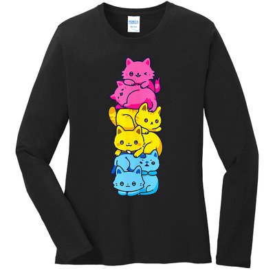 Pansexual Pride Cat LGBT Pan Flag Nonbinary Cute Cats Pile Ladies Long Sleeve Shirt