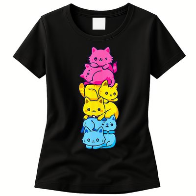 Pansexual Pride Cat LGBT Pan Flag Nonbinary Cute Cats Pile Womens T-Shirt