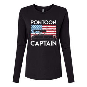 Patriotic Pontoon Captain Us American Flag Funny Boat Owner Womens Cotton Relaxed Long Sleeve T-Shirt