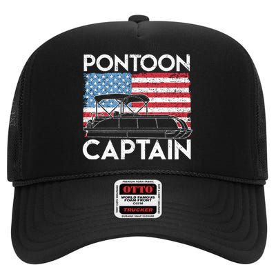 Patriotic Pontoon Captain Us American Flag Funny Boat Owner High Crown Mesh Back Trucker Hat