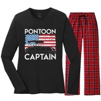 Patriotic Pontoon Captain Us American Flag Funny Boat Owner Women's Long Sleeve Flannel Pajama Set 