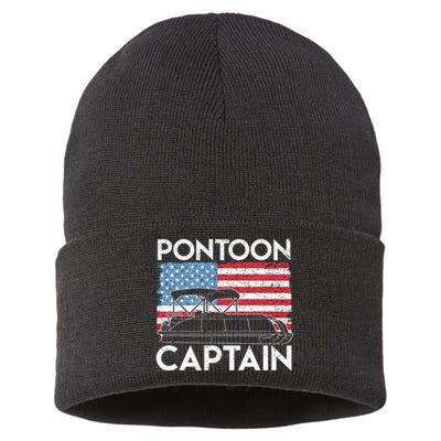 Patriotic Pontoon Captain Us American Flag Funny Boat Owner Sustainable Knit Beanie