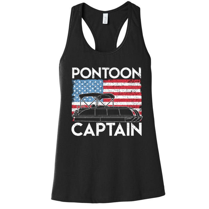 Patriotic Pontoon Captain Us American Flag Funny Boat Owner Women's Racerback Tank