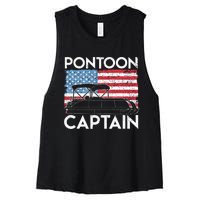 Patriotic Pontoon Captain Us American Flag Funny Boat Owner Women's Racerback Cropped Tank