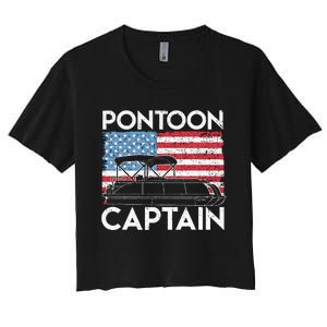 Patriotic Pontoon Captain Us American Flag Funny Boat Owner Women's Crop Top Tee