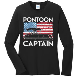 Patriotic Pontoon Captain Us American Flag Funny Boat Owner Ladies Long Sleeve Shirt