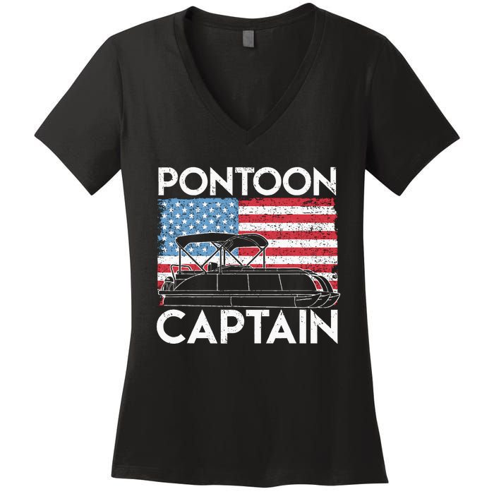 Patriotic Pontoon Captain Us American Flag Funny Boat Owner Women's V-Neck T-Shirt