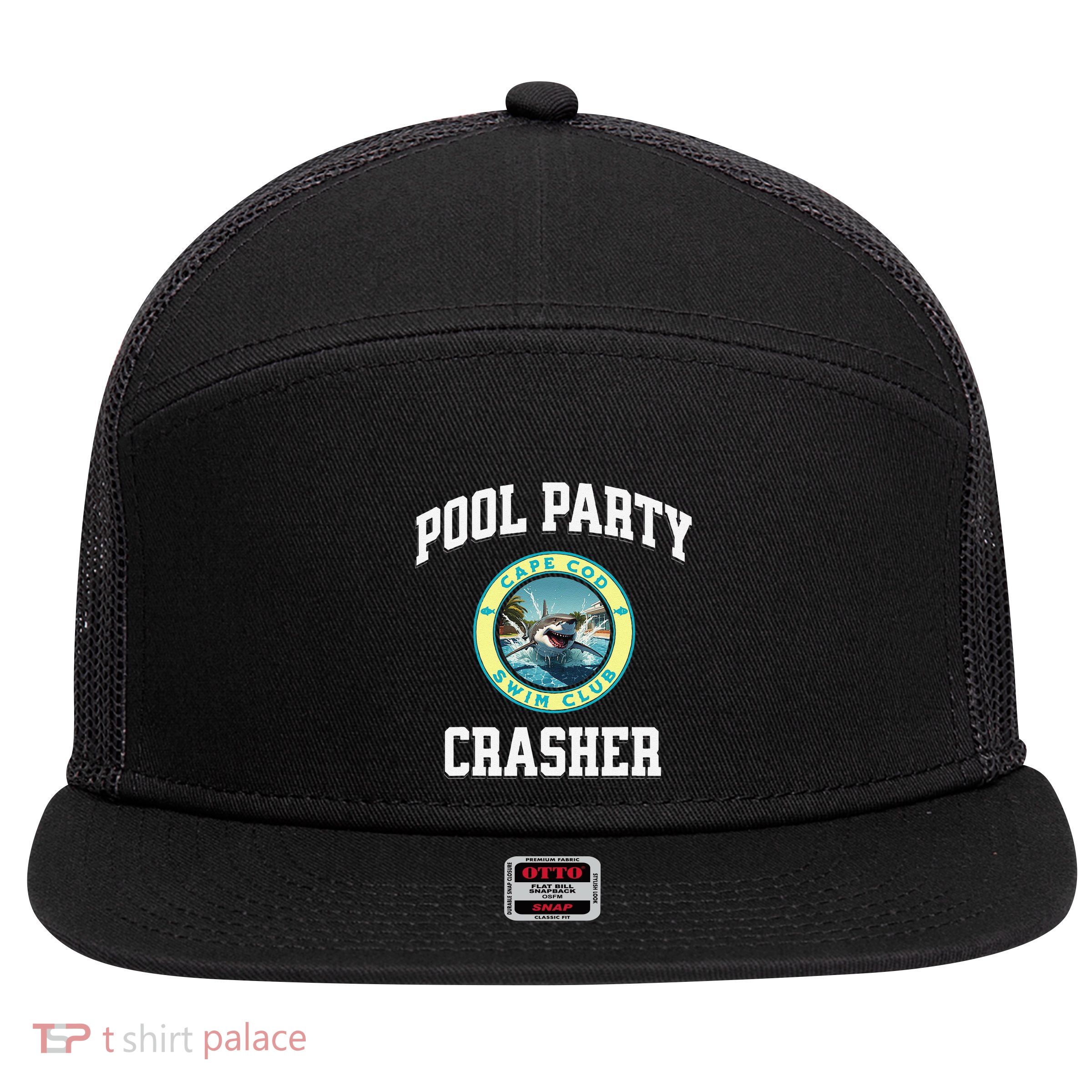 Pool Party Crasher Cape Cod Shark Theme Swimming Souvenir 7 Panel Mesh Trucker Snapback Hat
