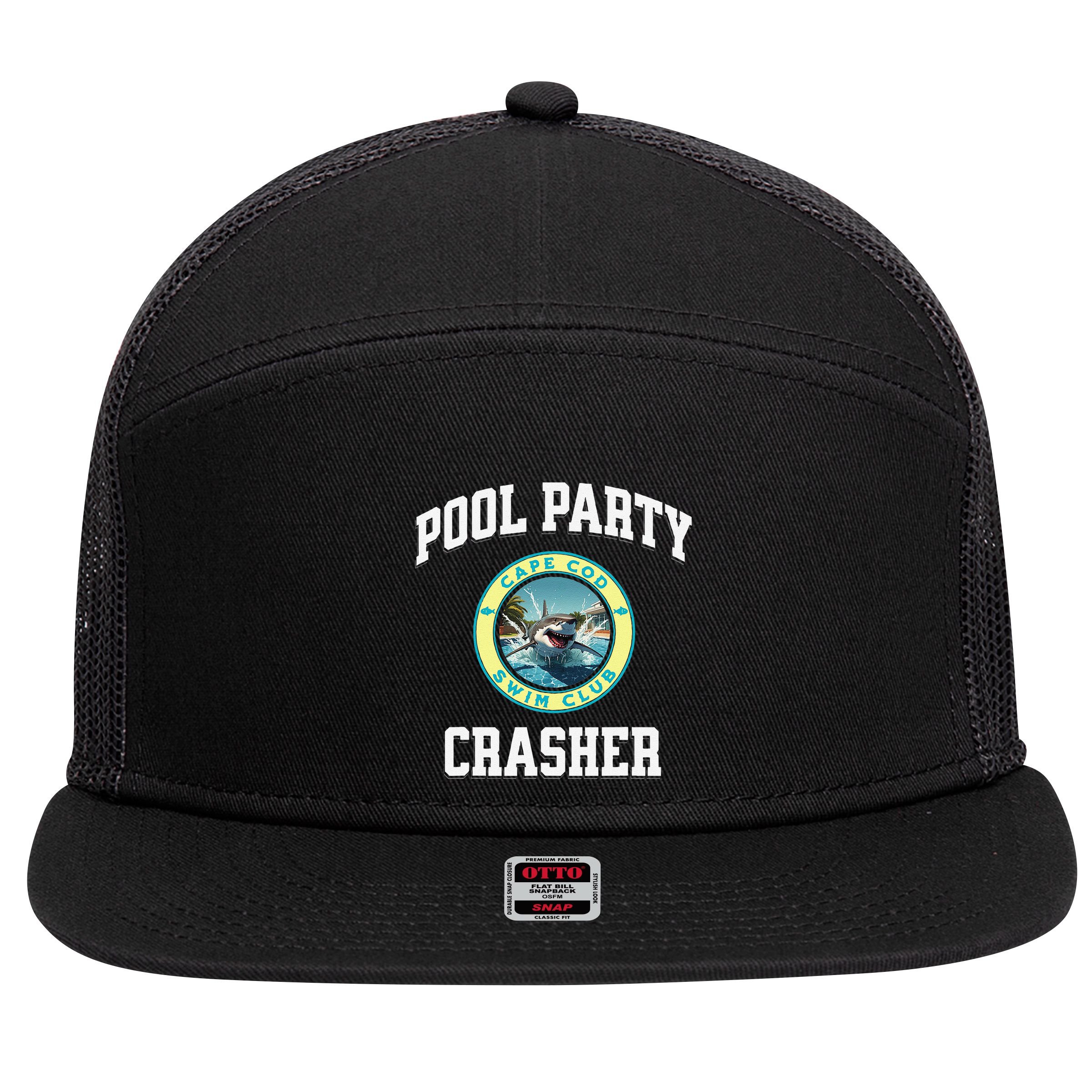 Pool Party Crasher Cape Cod Shark Theme Swimming Souvenir 7 Panel Mesh Trucker Snapback Hat