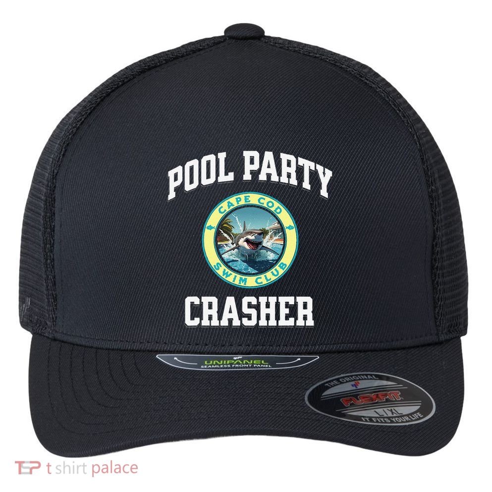 Pool Party Crasher Cape Cod Shark Theme Swimming Souvenir Flexfit Unipanel Trucker Cap