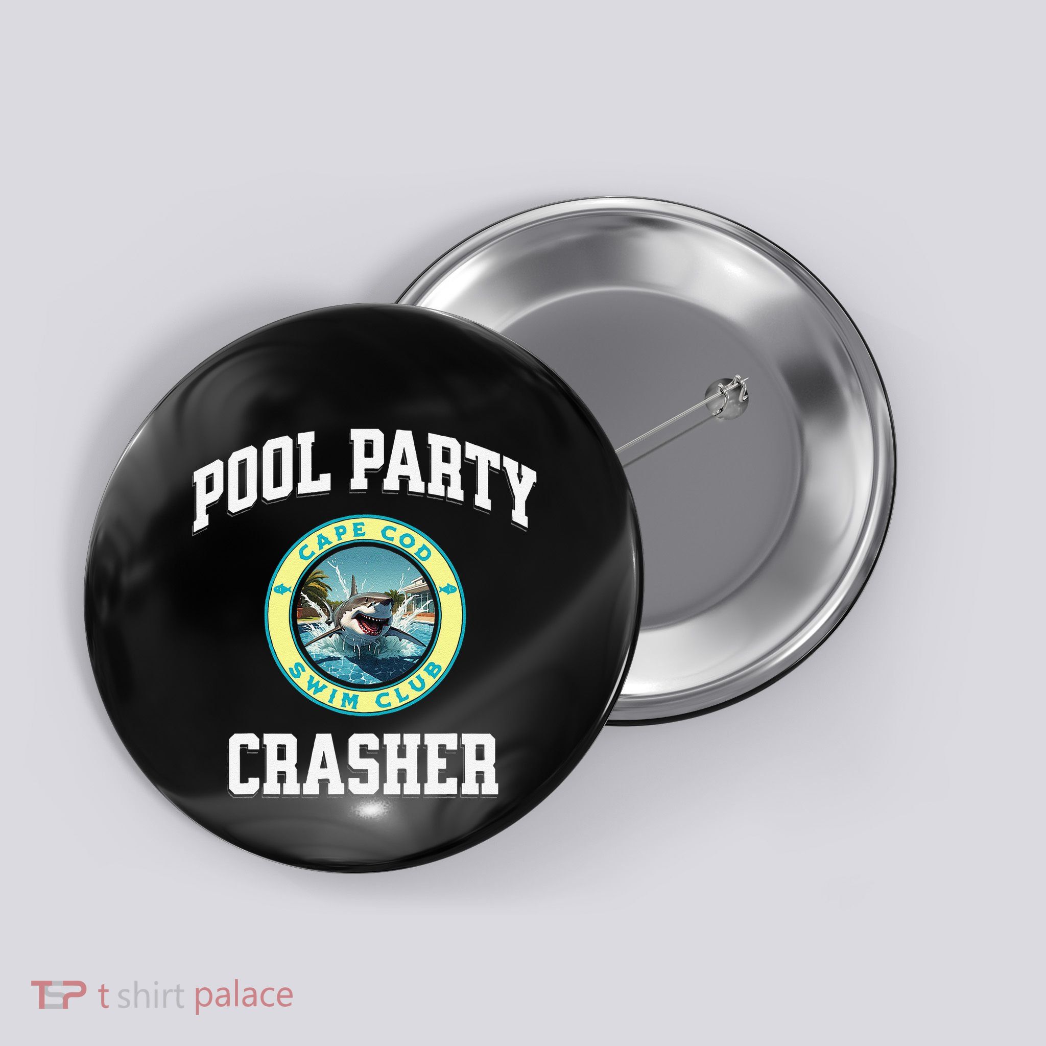 Pool Party Crasher Cape Cod Shark Theme Swimming Souvenir Button