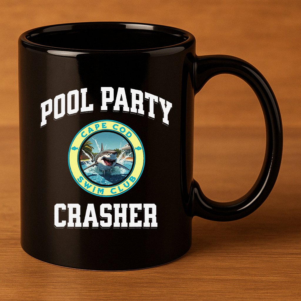 Pool Party Crasher Cape Cod Shark Theme Swimming Souvenir 11oz C Handle Ceramic Mug