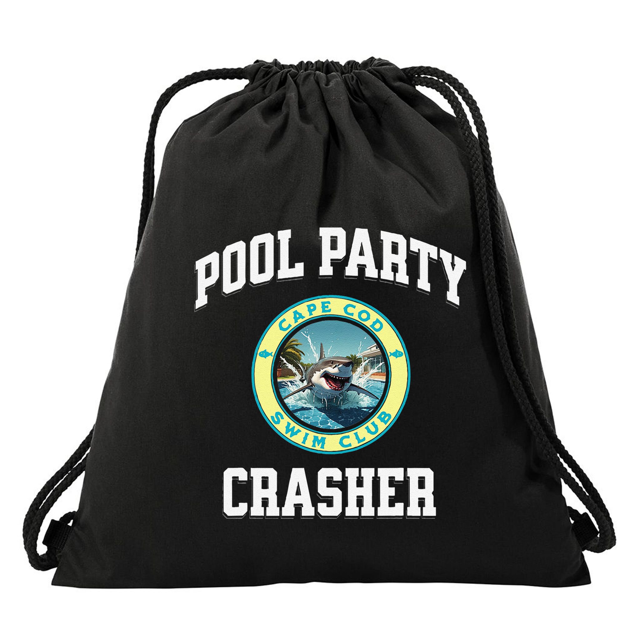 Pool Party Crasher Cape Cod Shark Theme Swimming Souvenir Drawstring Bag