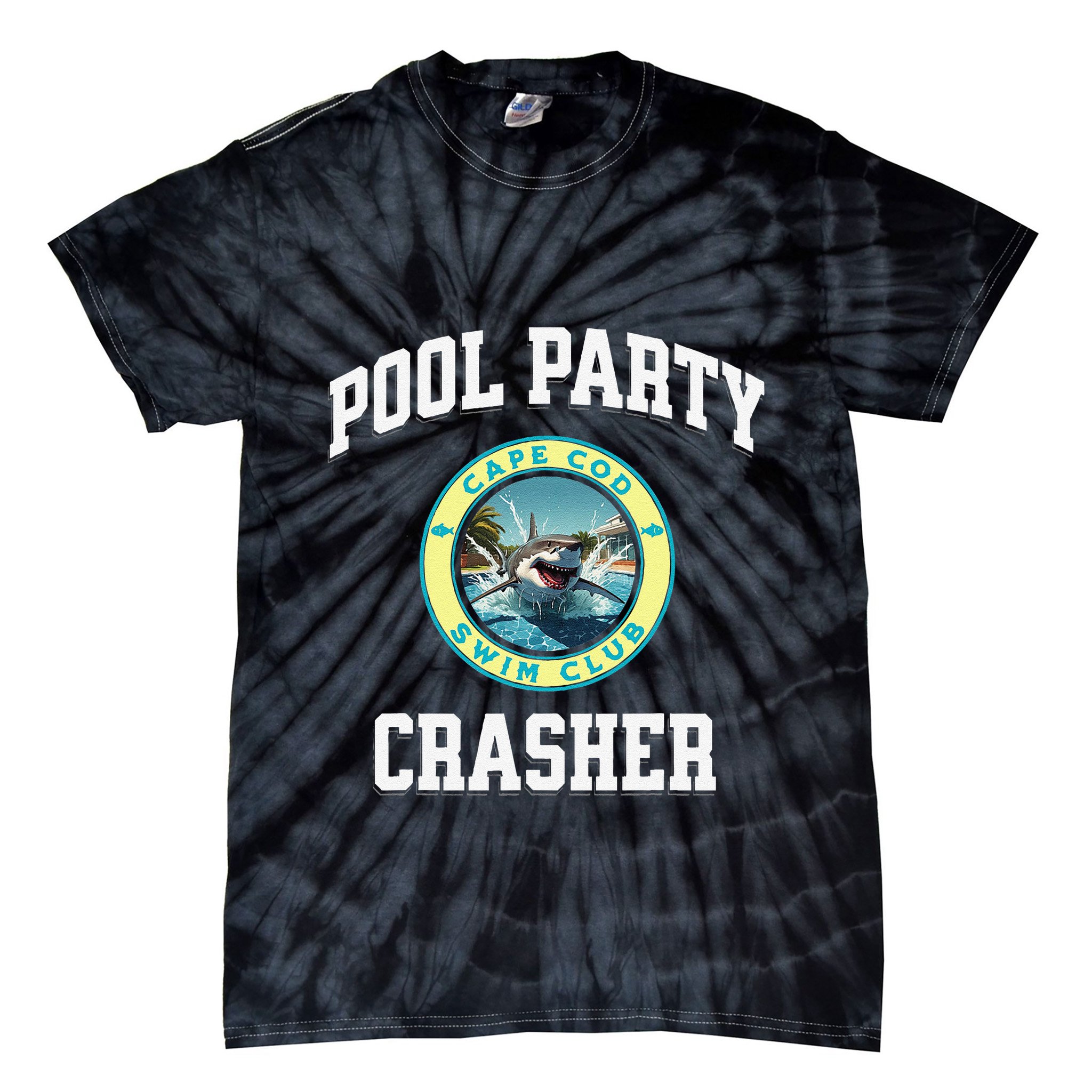 Pool Party Crasher Cape Cod Shark Theme Swimming Souvenir Tie-Dye T-Shirt