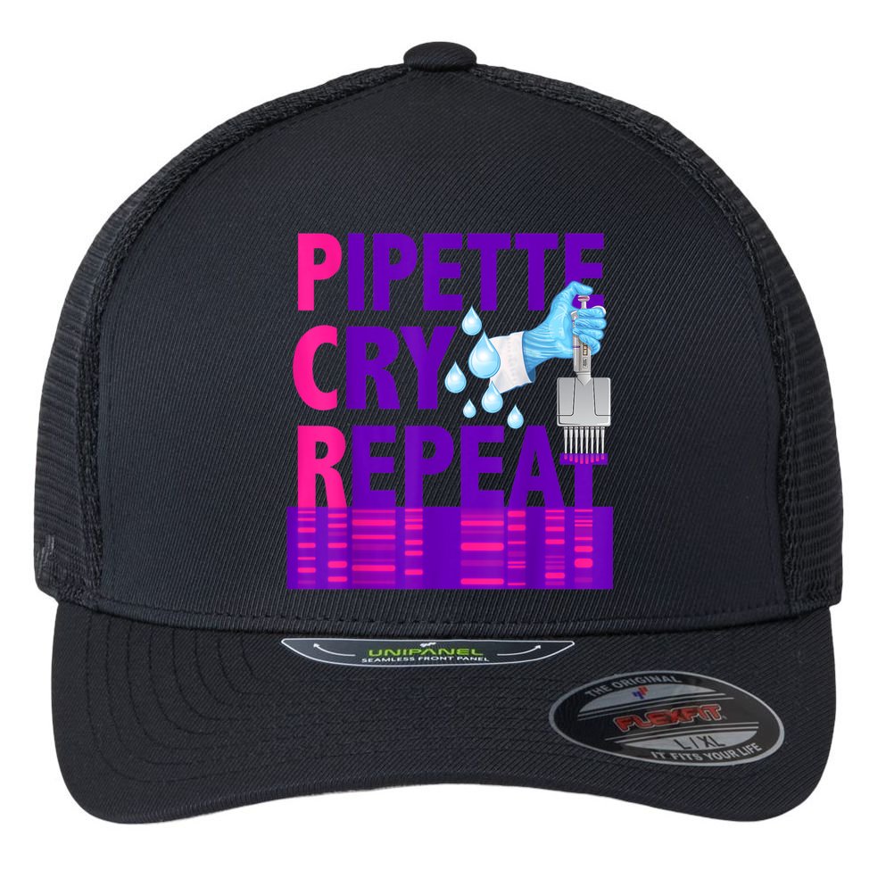 PCR Pipette Cry Repeat For DNA Lab Scientists Flexfit Unipanel Trucker Cap